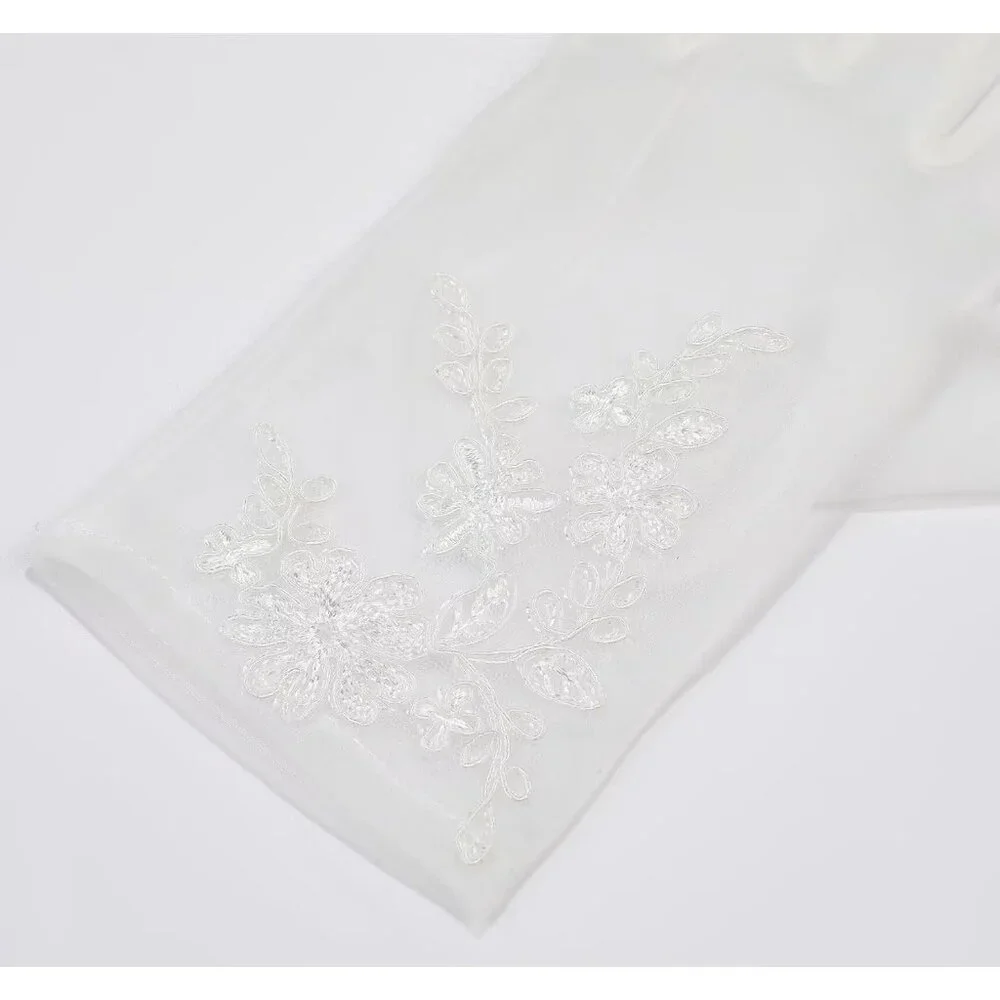 Women's Lvory 06 Floral Short Length Lace Tulle Mesh Wrist Wedding Party Gloves
